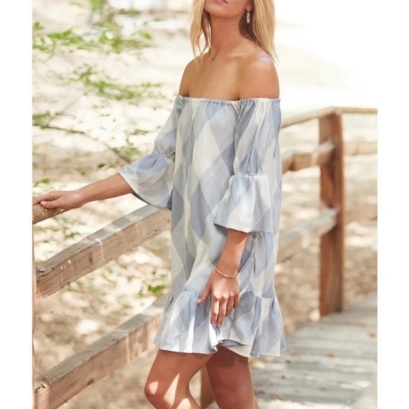 Tularosa Blue White Gingham Off Shoulder Mini Dress Size Large - Picture 1 of 9